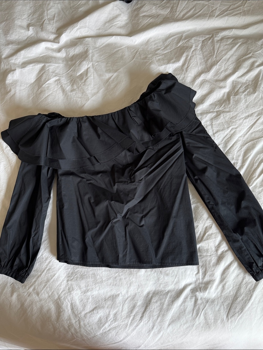 L'Academie Black one Shoulder Ruffle Long-Sleeve Blouse
